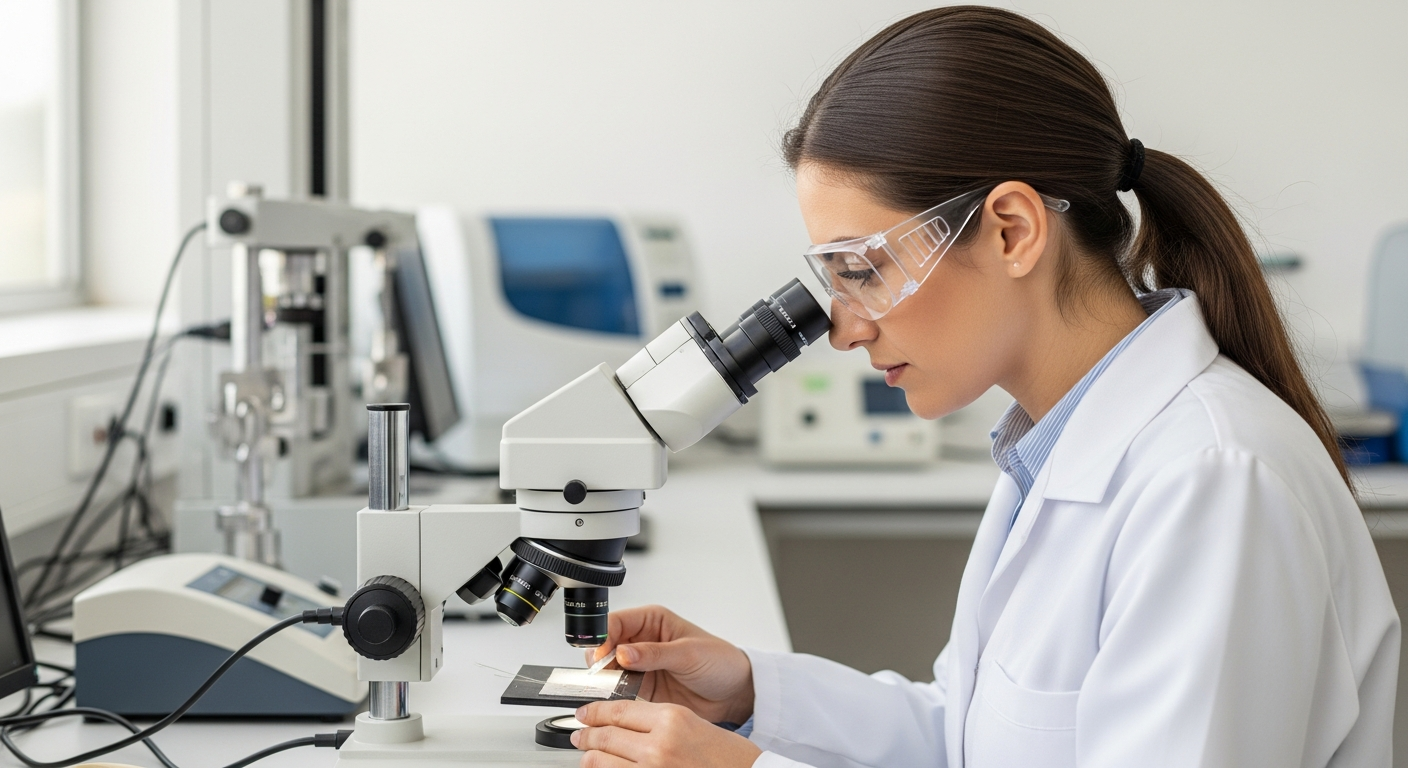 A woman examines textile fiber under a microscope in a laboratory.