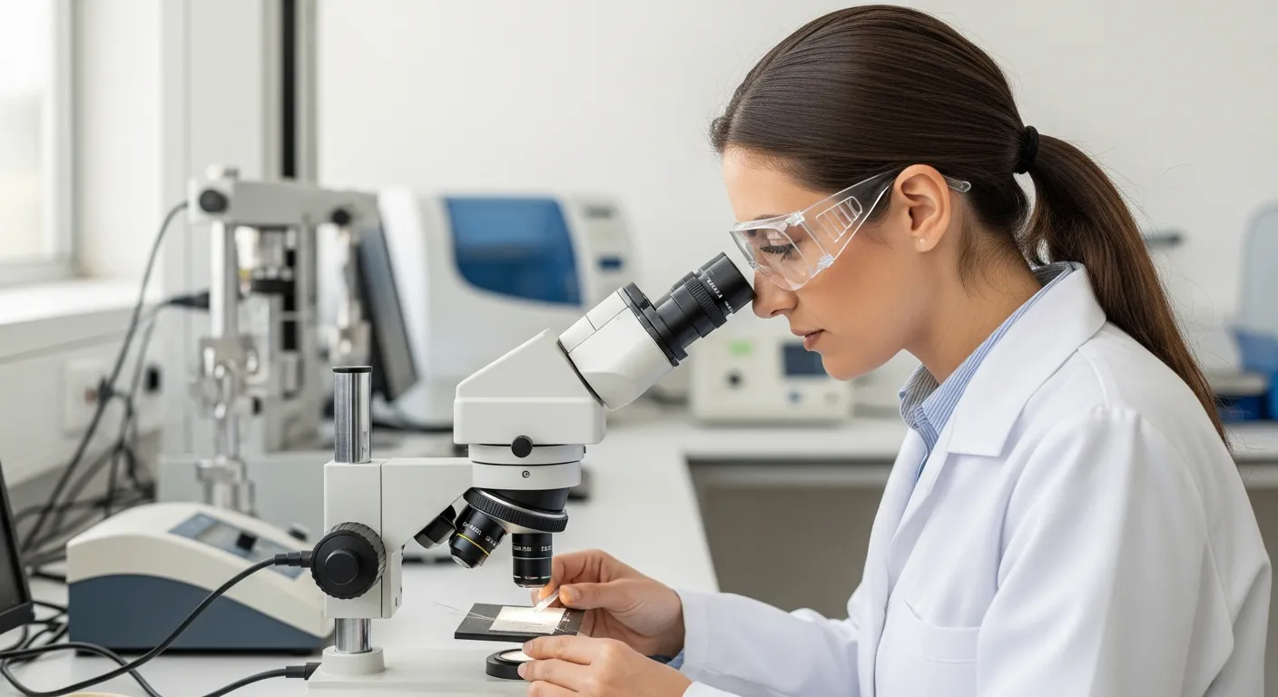 A woman examines textile fiber under a microscope in a laboratory.