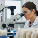 Woman in lab coat examines textile fibers under microscope