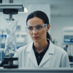 A woman examines a polymer sample in a laboratory.