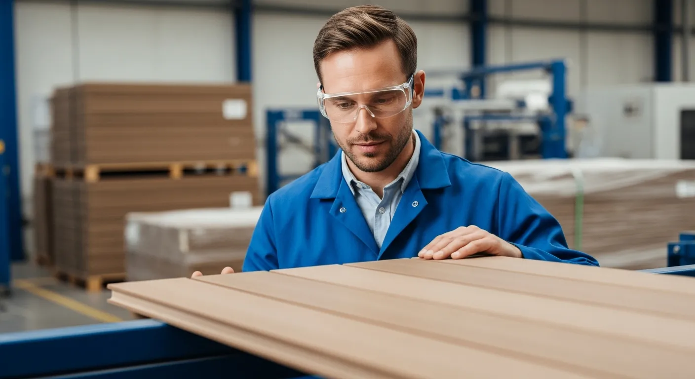A man inspects a wood-plastic composite board in a factory.
