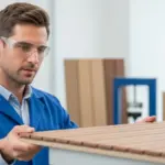 Man inspecting a wood-plastic composite deck board in a laboratory