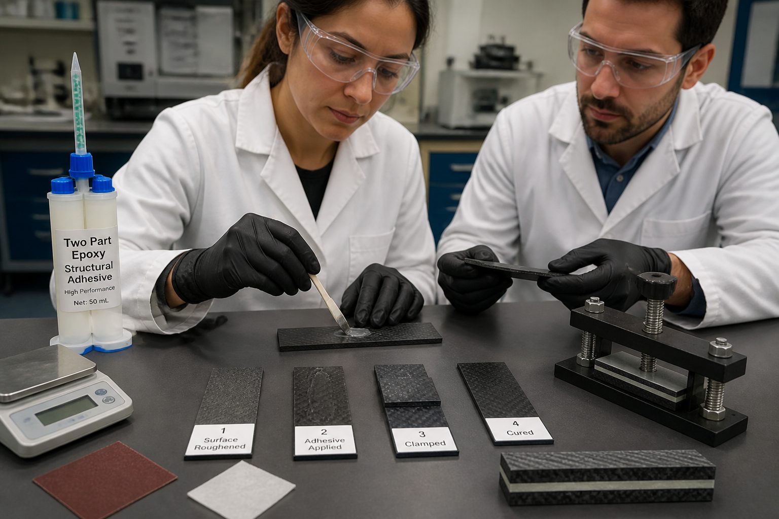 Two lab researchers apply epoxy adhesive to carbon fiber composite samples and clamp a bonded joint on a laboratory bench.