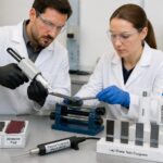 A man and a woman in a polymer lab apply epoxy and clamp composite test coupons to demonstrate adhesive bonding techniques.