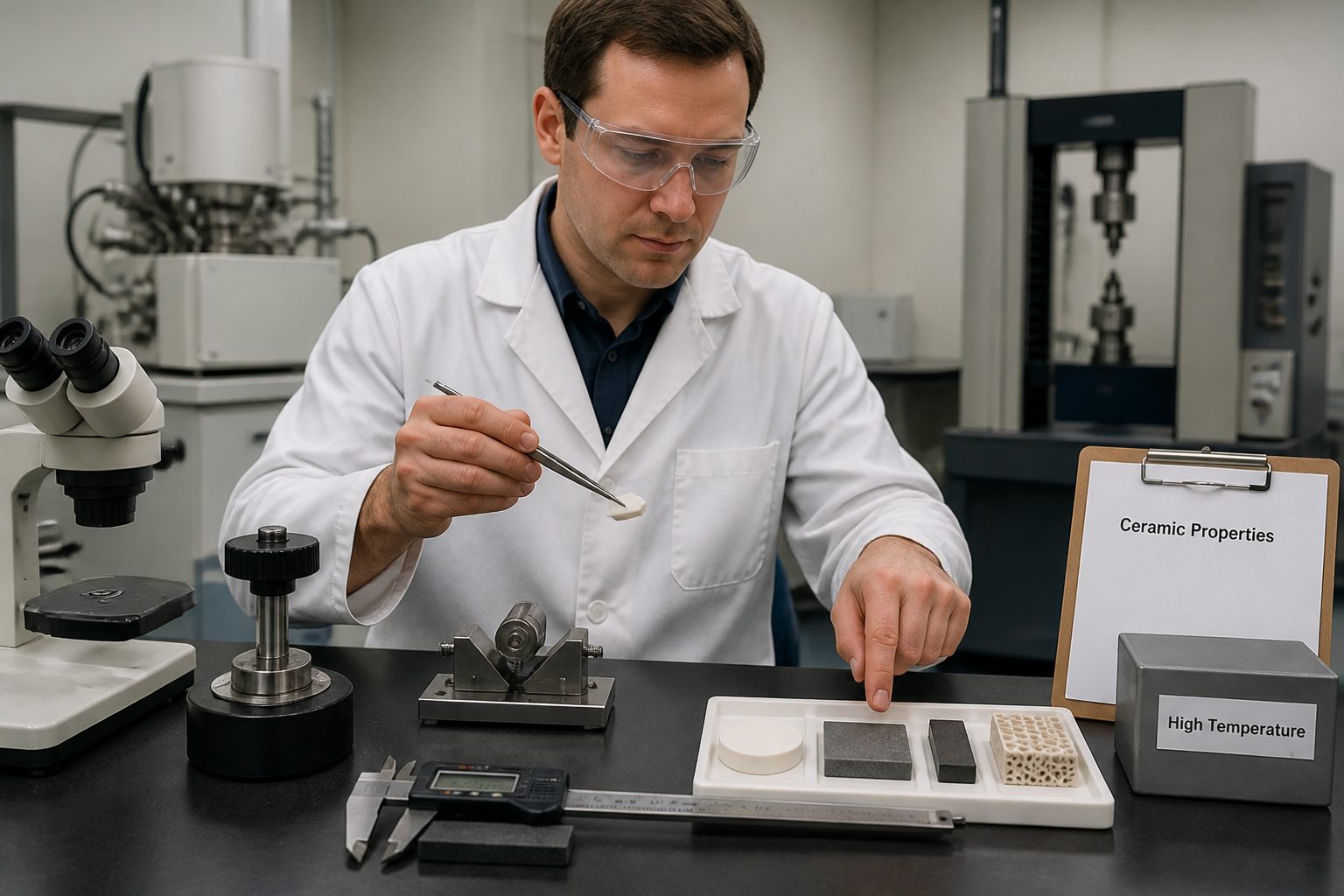 A lab researcher in a lab coat examines advanced ceramic samples on a workbench with measuring tools and a microscope.