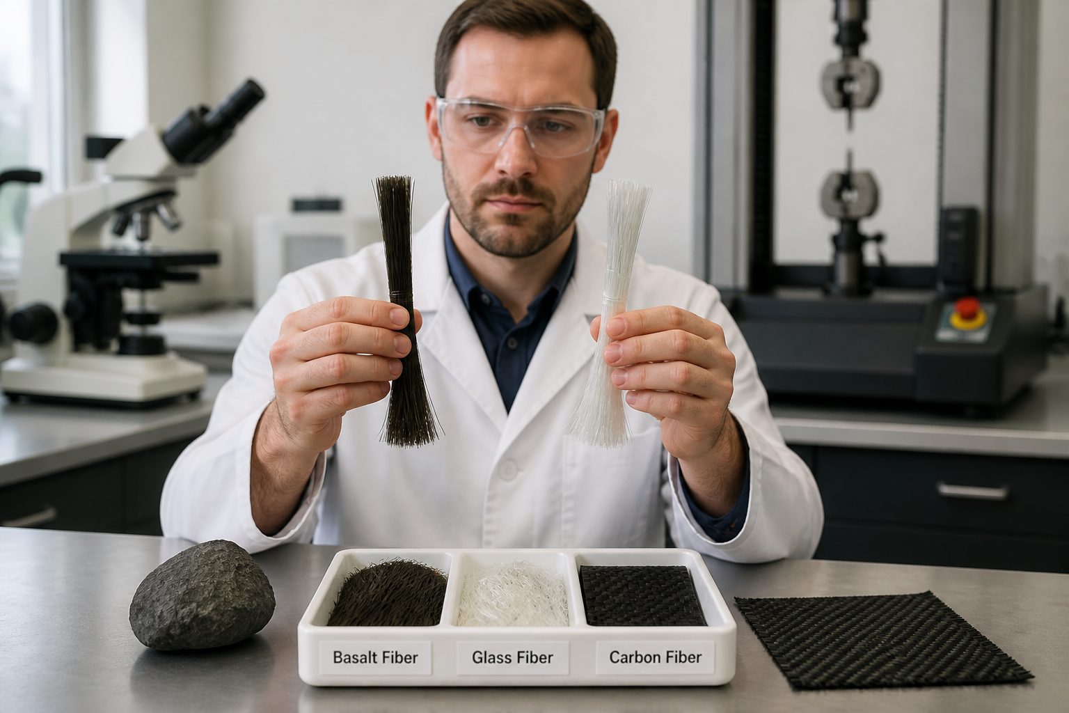 A lab engineer holds basalt fiber and glass fiber samples while carbon fiber fabric and a basalt rock sit on a workbench.