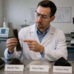 A lab engineer in a white coat compares basalt fiber with glass fiber and carbon fiber samples on a workbench.