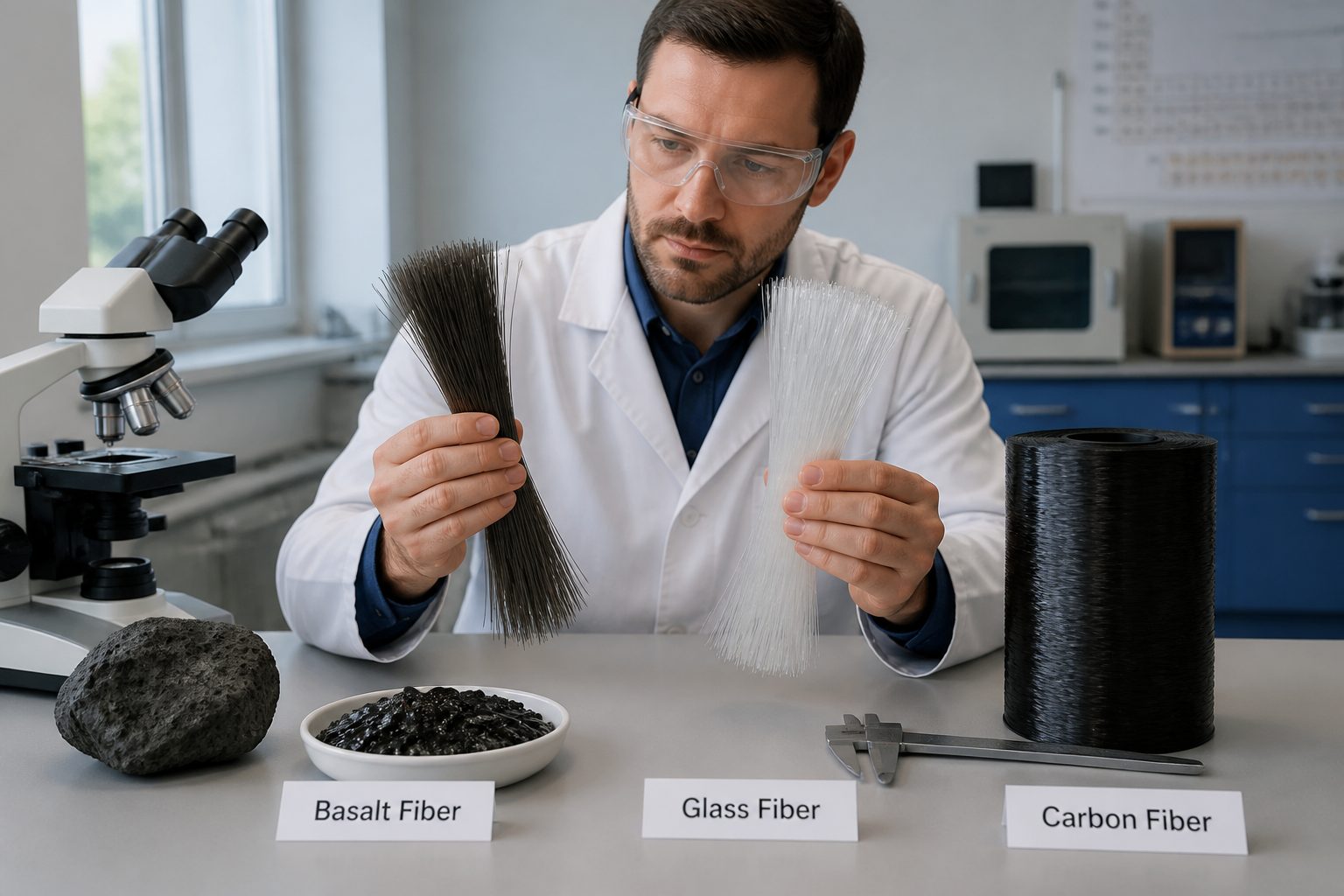 A lab engineer compares basalt fiber strands with glass fiber and carbon fiber samples on a workbench.