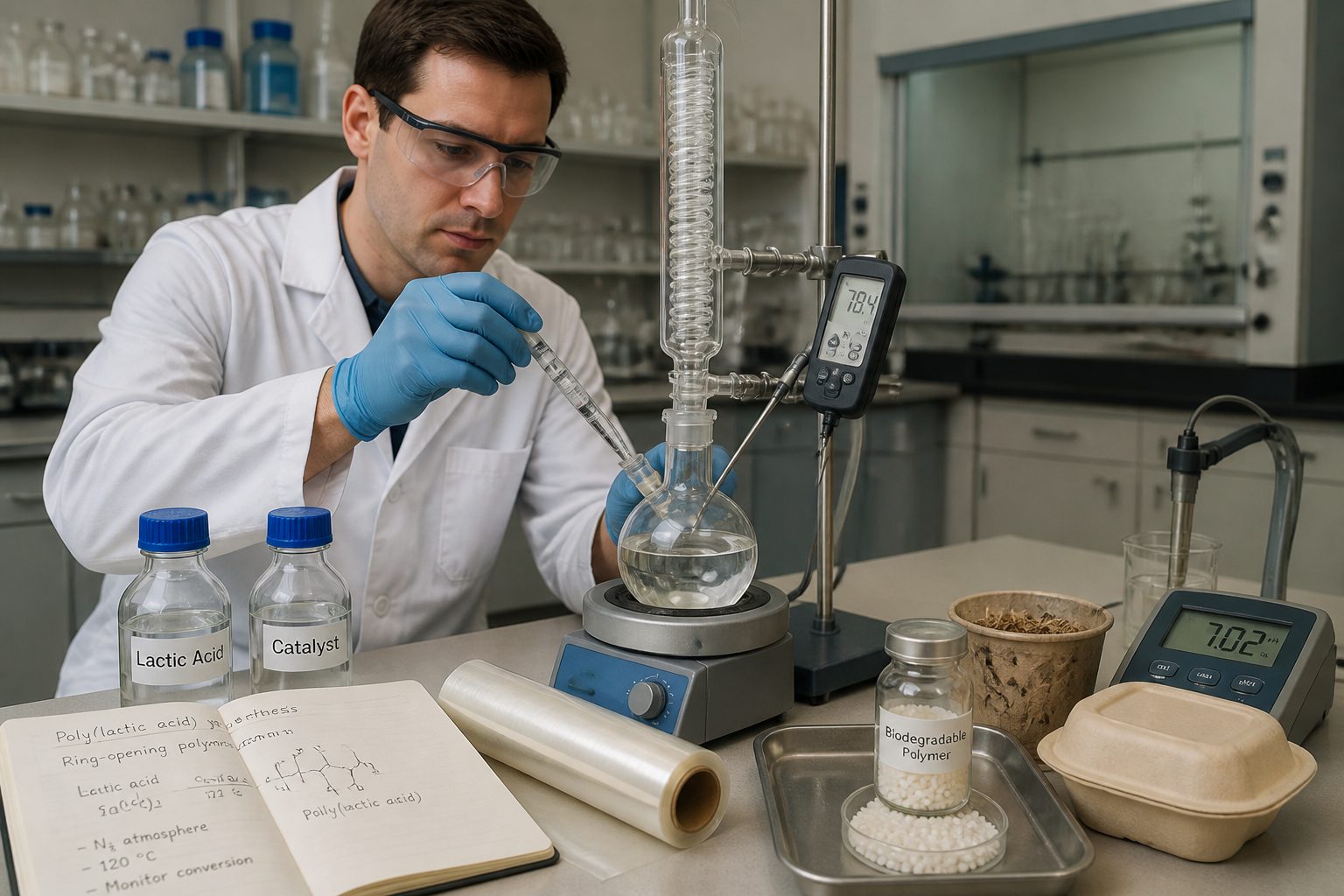 A scientist in a lab coat prepares a polymerization reaction to synthesize biodegradable polymer material on a laboratory bench.