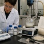 A scientist in a lab coat measures chemicals on a balance next to a small reactor while preparing a biodegradable polymer sample.