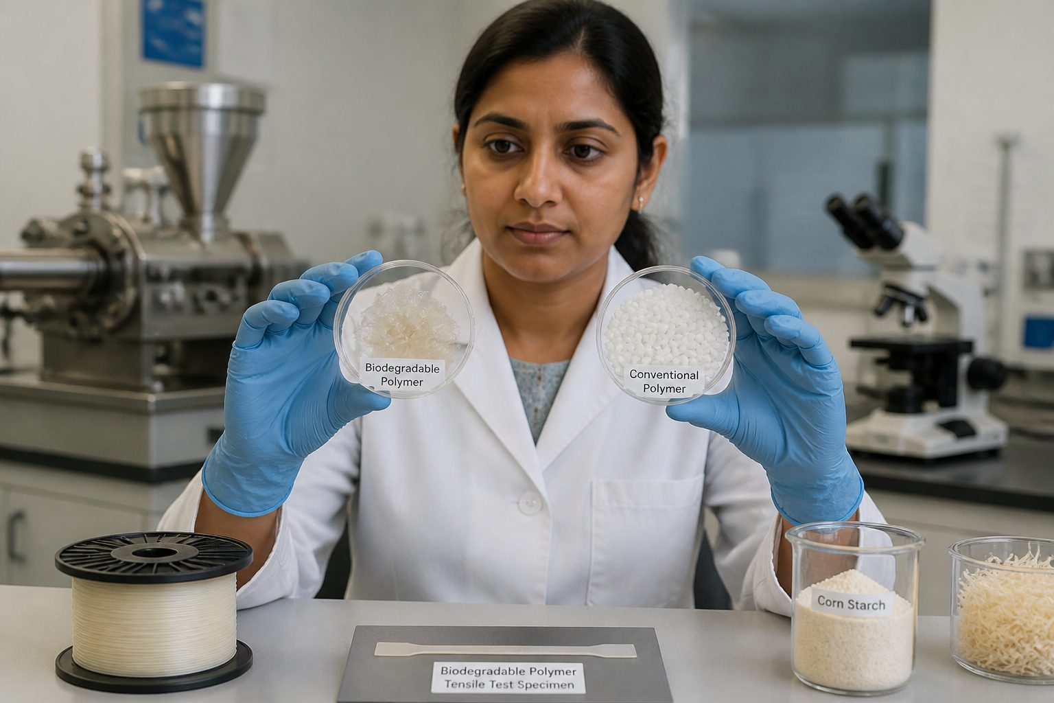 A scientist in a lab holds biodegradable polymer samples and conventional plastic samples on labeled petri dishes beside bio based fiber materials.