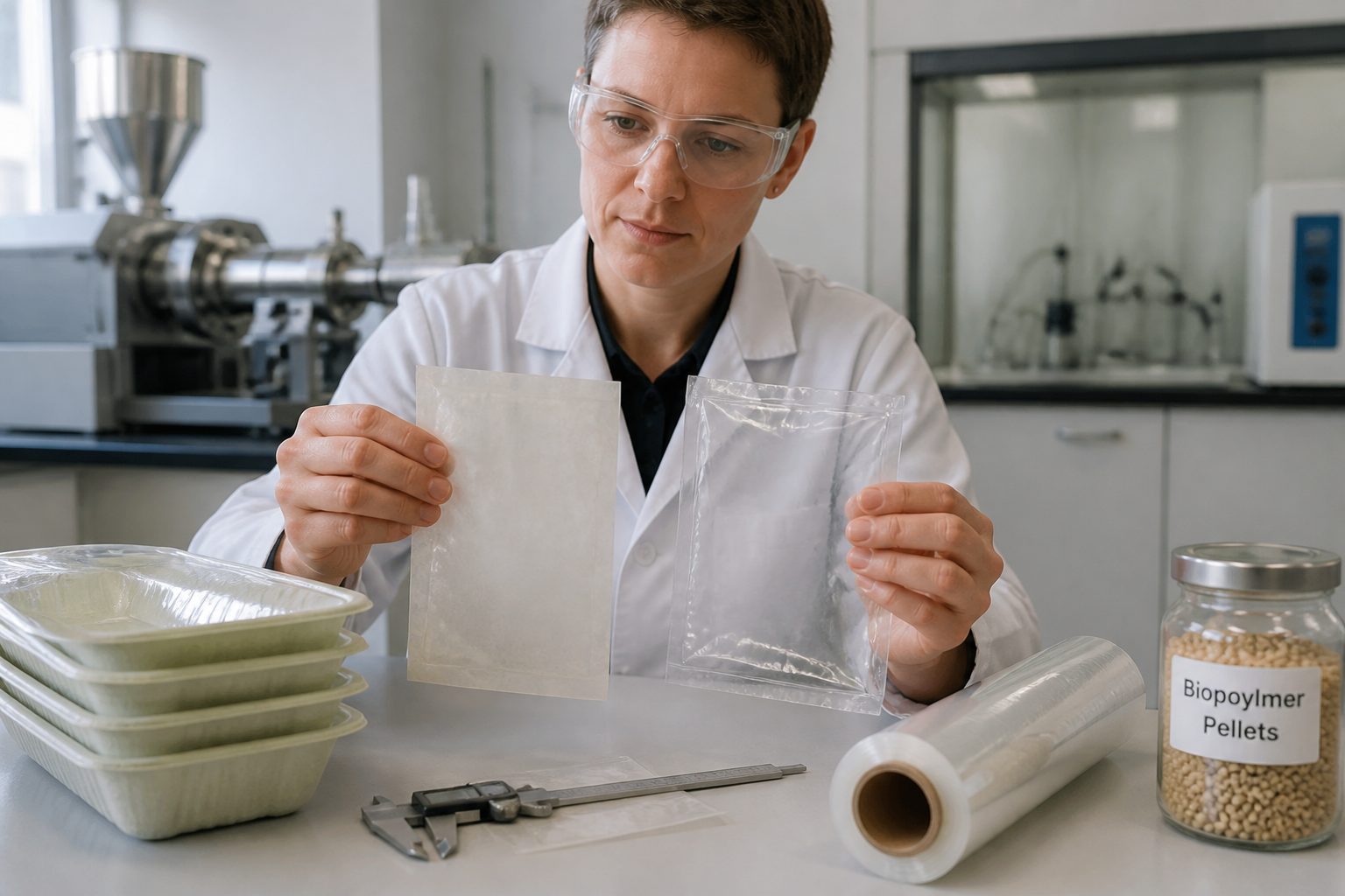 A lab engineer compares compostable biopolymer packaging film with conventional plastic packaging on a laboratory workbench.