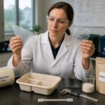 A woman materials engineer in a lab compares a biopolymer packaging film with a conventional plastic film beside compostable packaging samples.