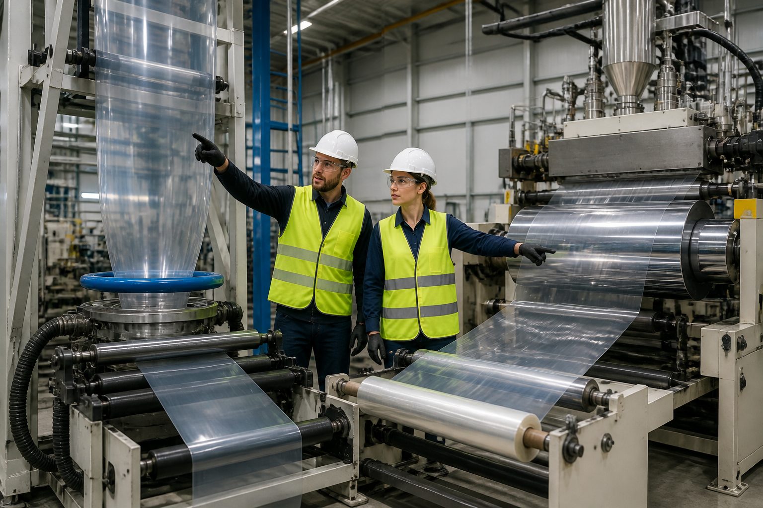 Two engineers in a factory examine a blown film bubble and a cast film sheet forming on a chill roll.