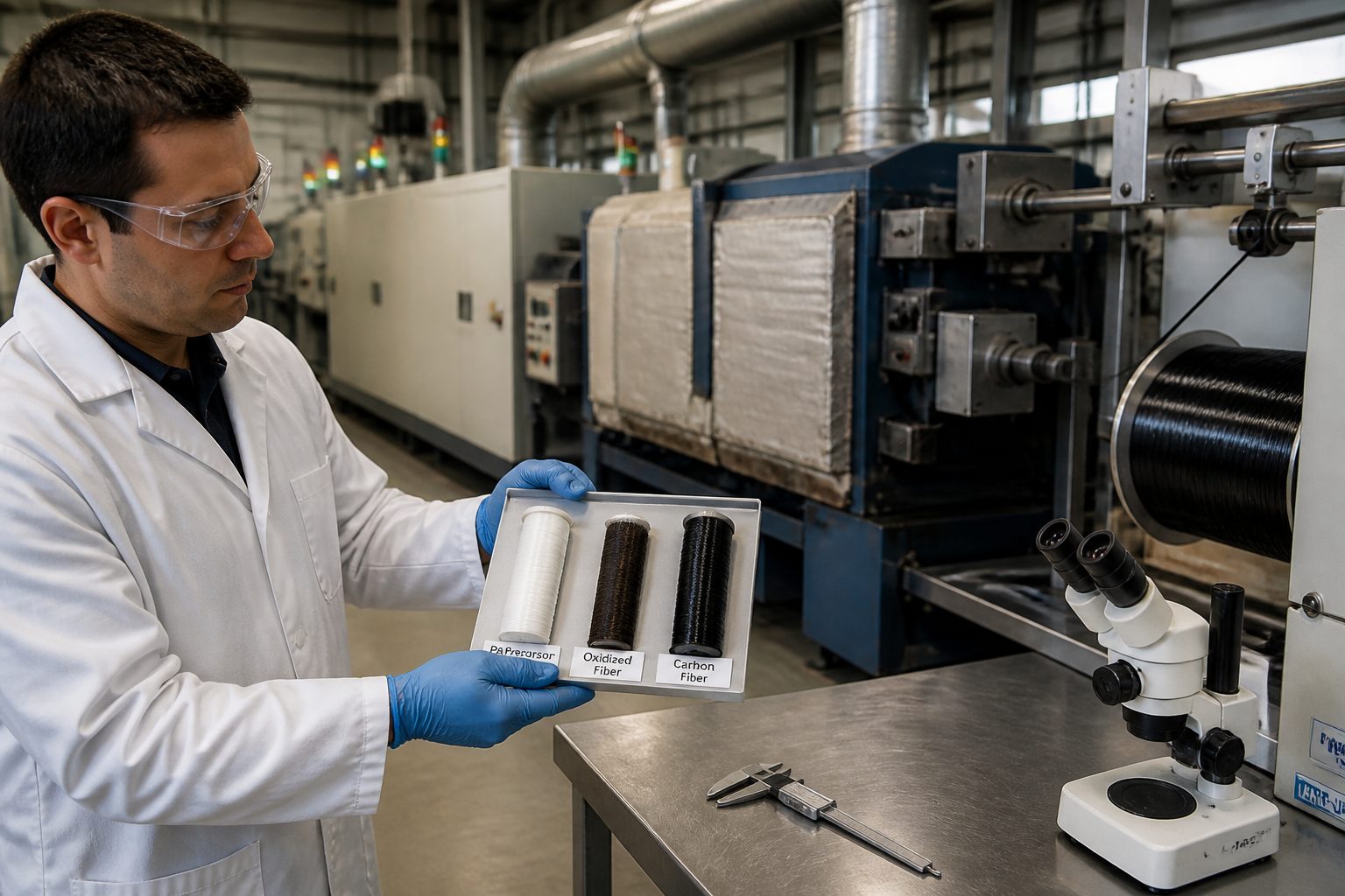 An engineer in a composites lab holds samples showing precursor fiber, heat treated fiber, and finished carbon fiber beside industrial furnace and winding equipment.