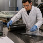 A lab technician unrolls carbon fiber prepreg on a layup table with an autoclave in the background.