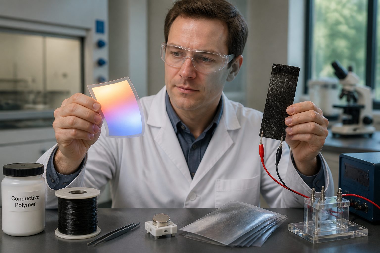 A lab engineer holds a flexible glowing OLED film and a conductive polymer coated textile connected to test clips on a workbench.