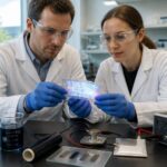 Two scientists in a lab examine a flexible OLED display sample beside an energy storage testing setup and conductive polymer materials.