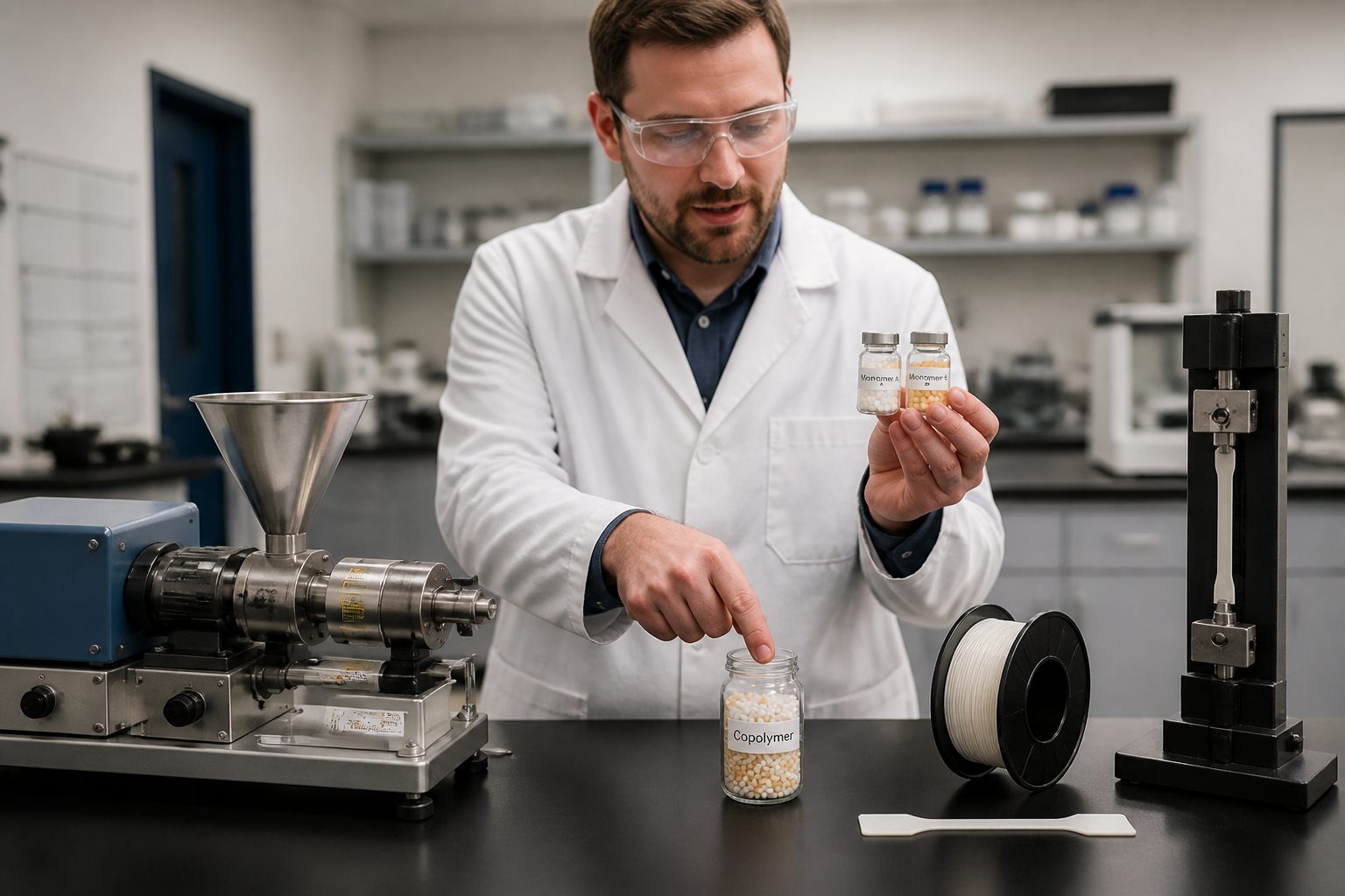 A male polymer scientist in a lab holds vials labeled Monomer A and Monomer B and points to a vial labeled Copolymer on a workbench with fiber and testing equipment.