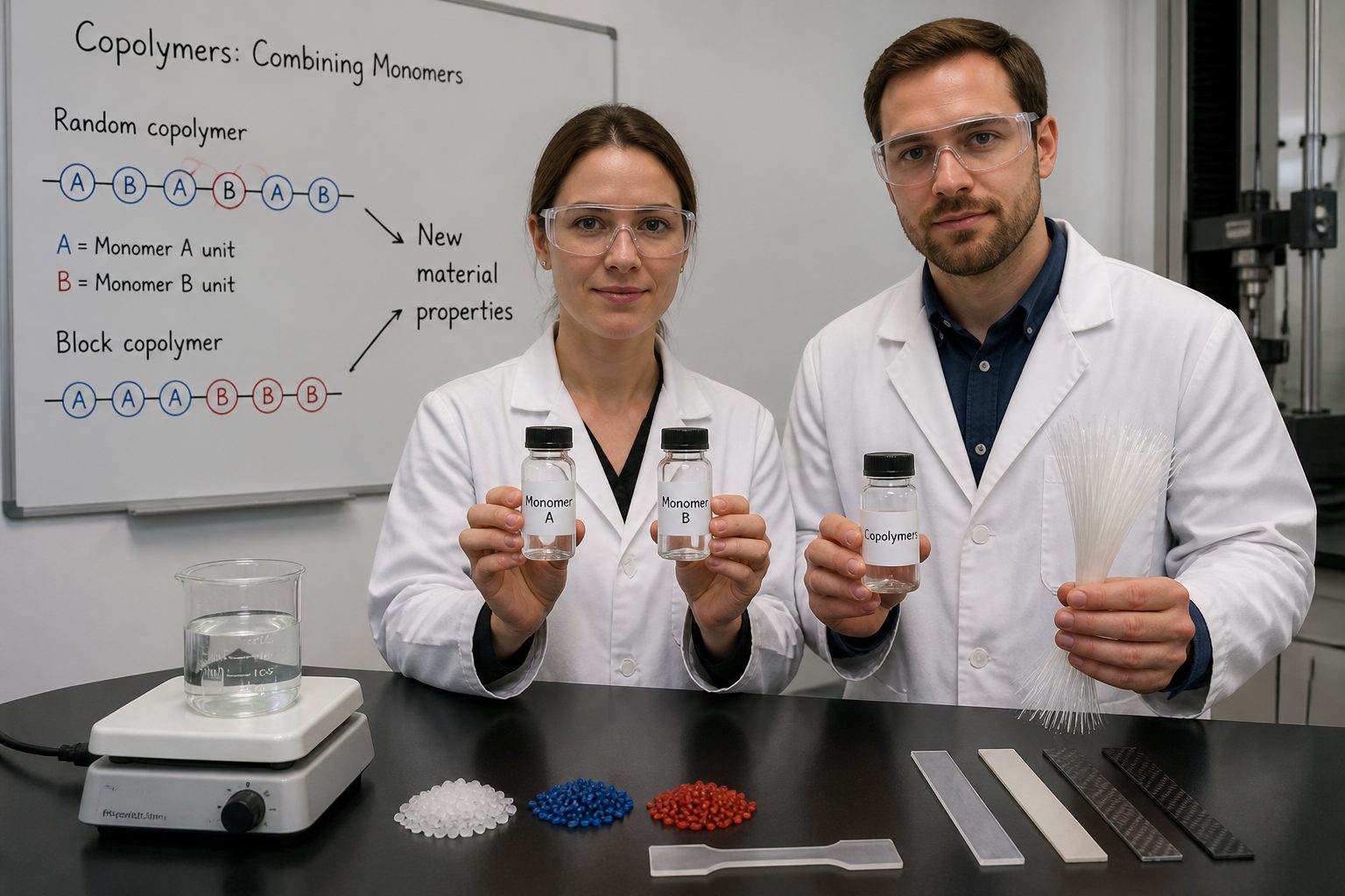 A woman and a man in a polymer lab hold vials labeled Monomer A, Monomer B, and Copolymers beside fiber samples and polymer test strips.