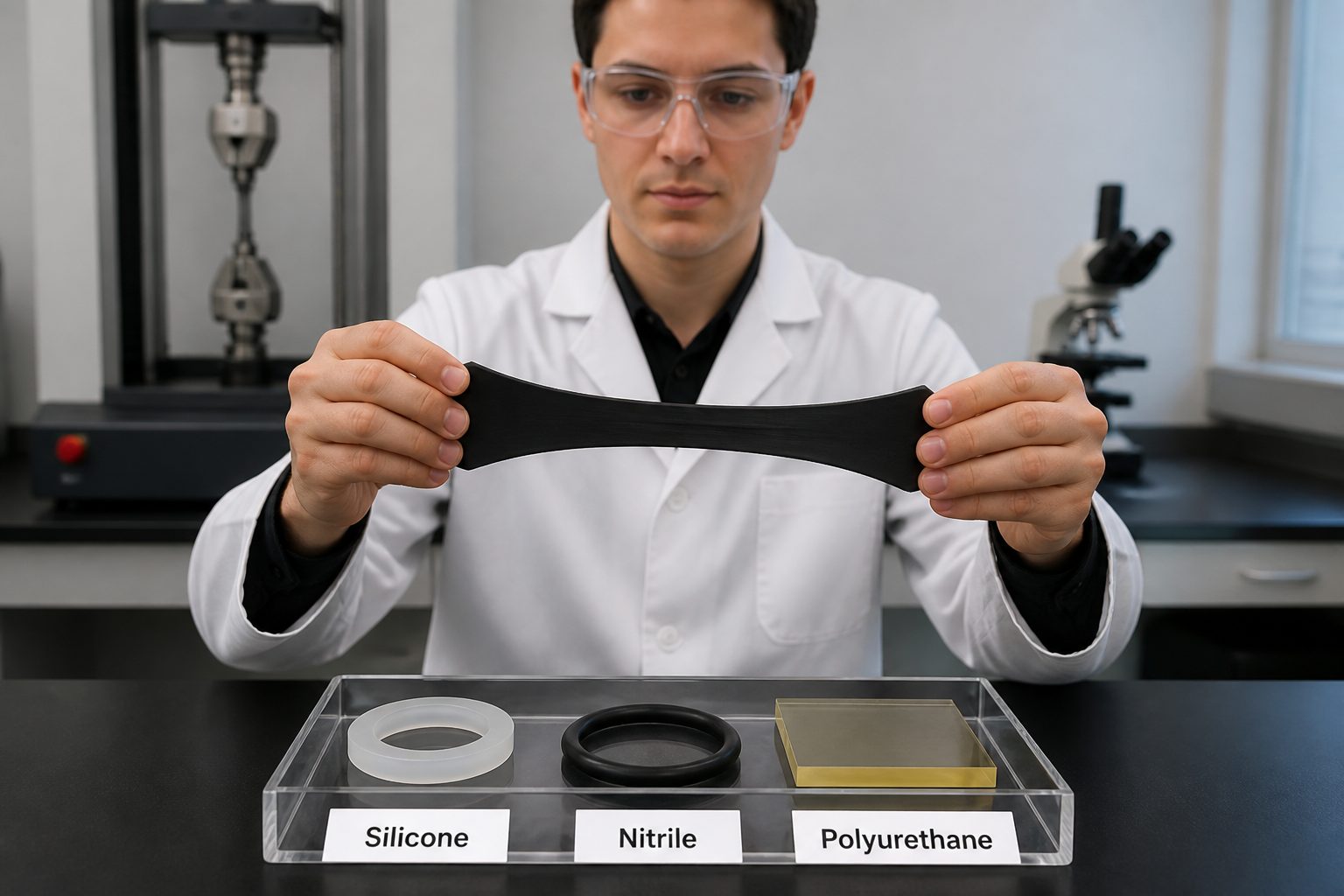 A lab engineer stretches a rubber elastomer strip on a workbench with silicone, nitrile, and polyurethane samples nearby.