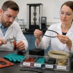 Two lab researchers stretch and measure rubber elastomer samples on a polymer engineering workbench.