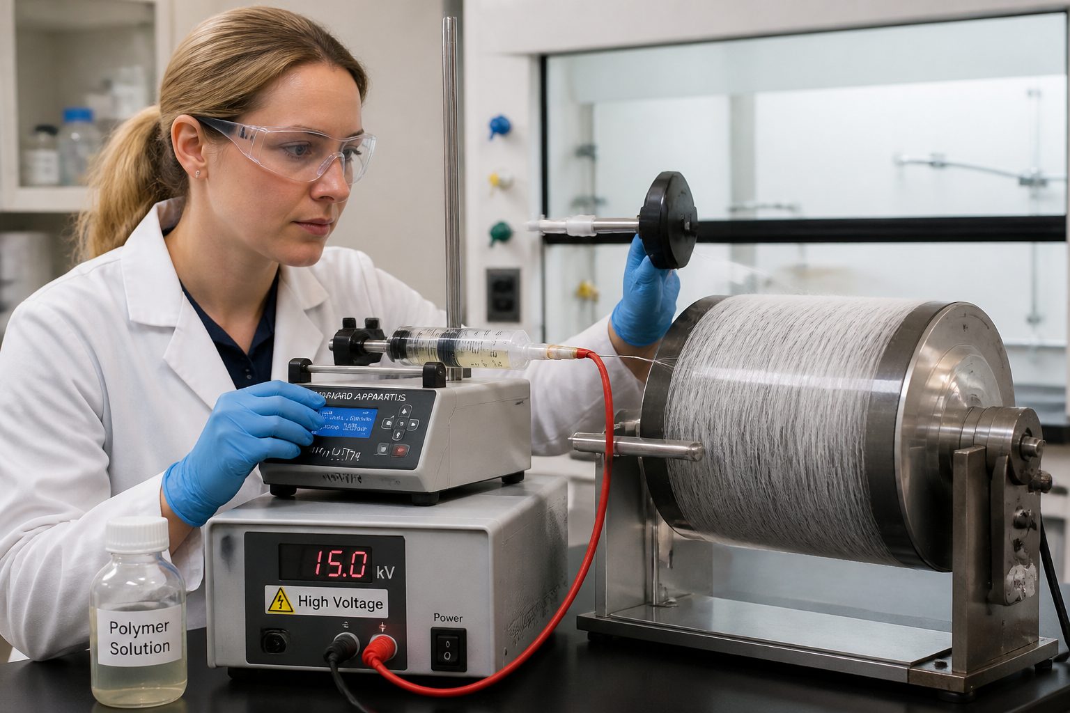 A lab researcher in safety glasses adjusts an electrospinning machine as polymer nanofibers collect on a drum.