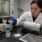 A researcher in a lab operates an electrospinning machine as a polymer jet forms a nanofiber mat on a collector.