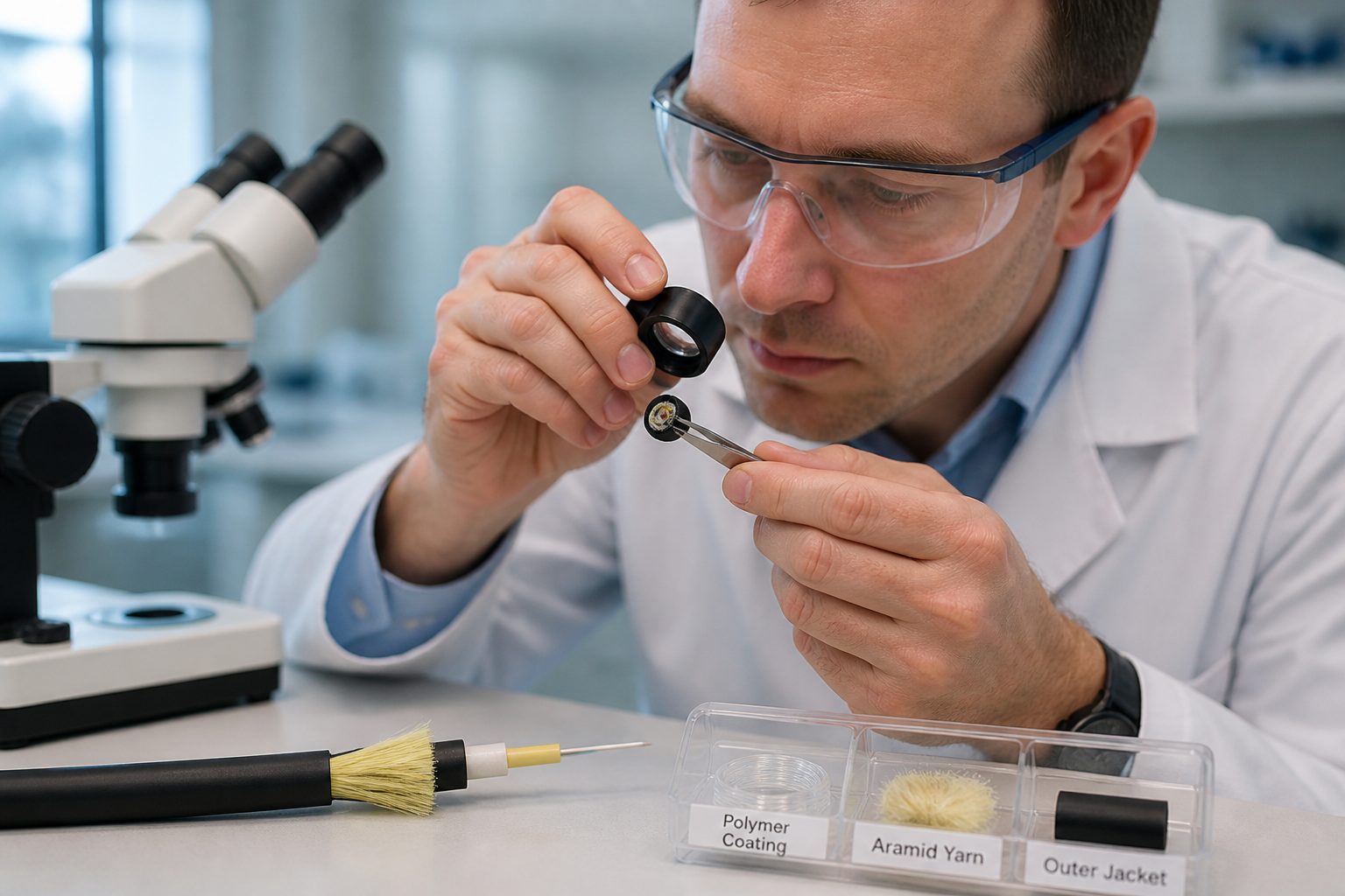 A lab engineer in a white coat examines a cross section of a fiber optic cable showing its layered materials on a workbench.