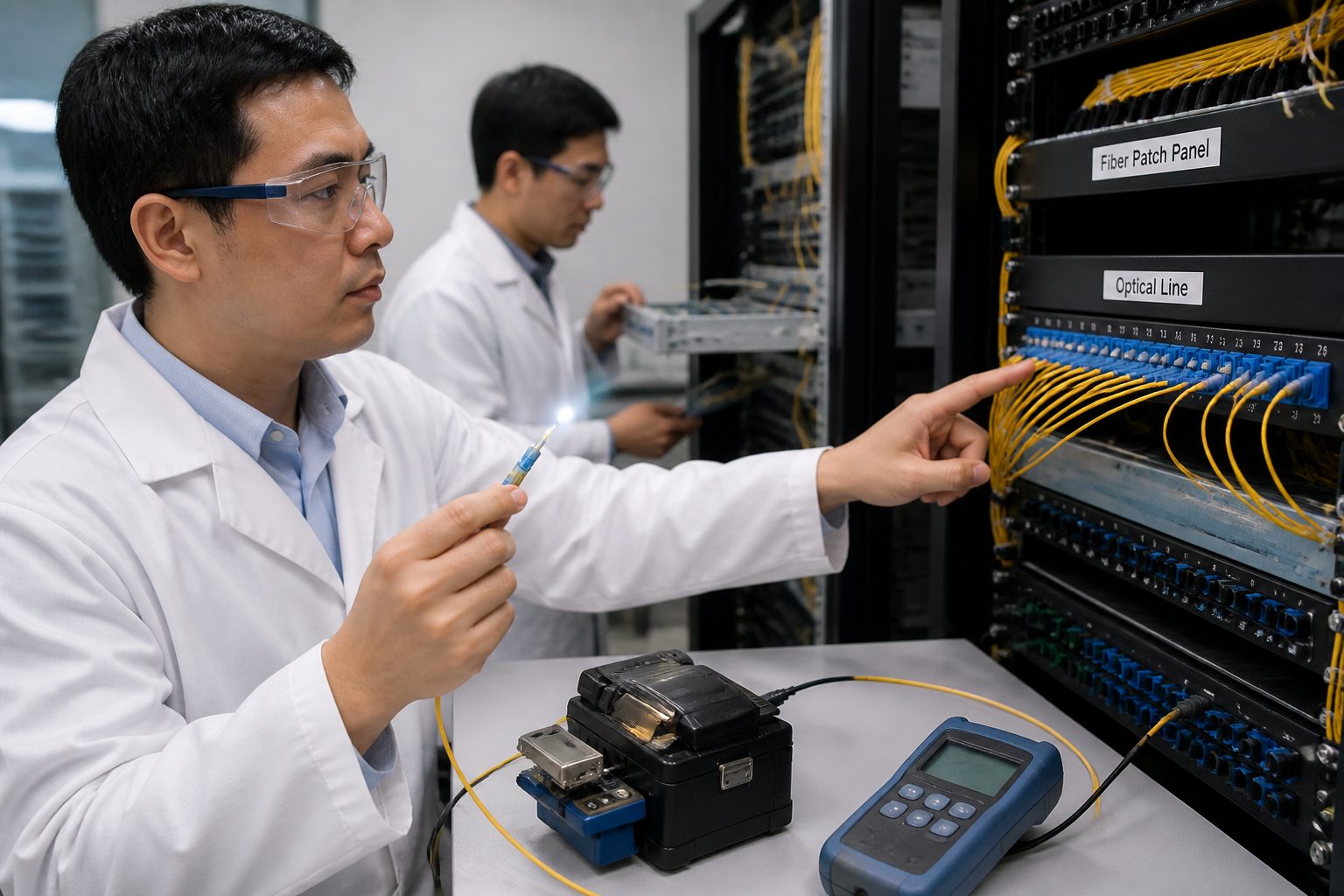 A telecom engineer connects a fiber optic cable to a patch panel in a modern telecommunications lab while a technician checks network equipment in the background.