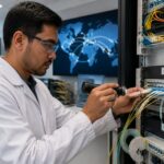 A telecommunications engineer connects fiber optic cables at a patch panel in a data center with a world map display in the background.