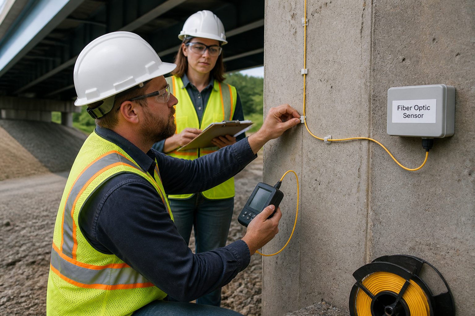 Two engineers install a fiber optic sensor cable on a bridge support to monitor structural health.
