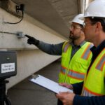 An engineer and a technician inspect a fiber optic sensor cable and monitoring device attached to a concrete bridge structure.