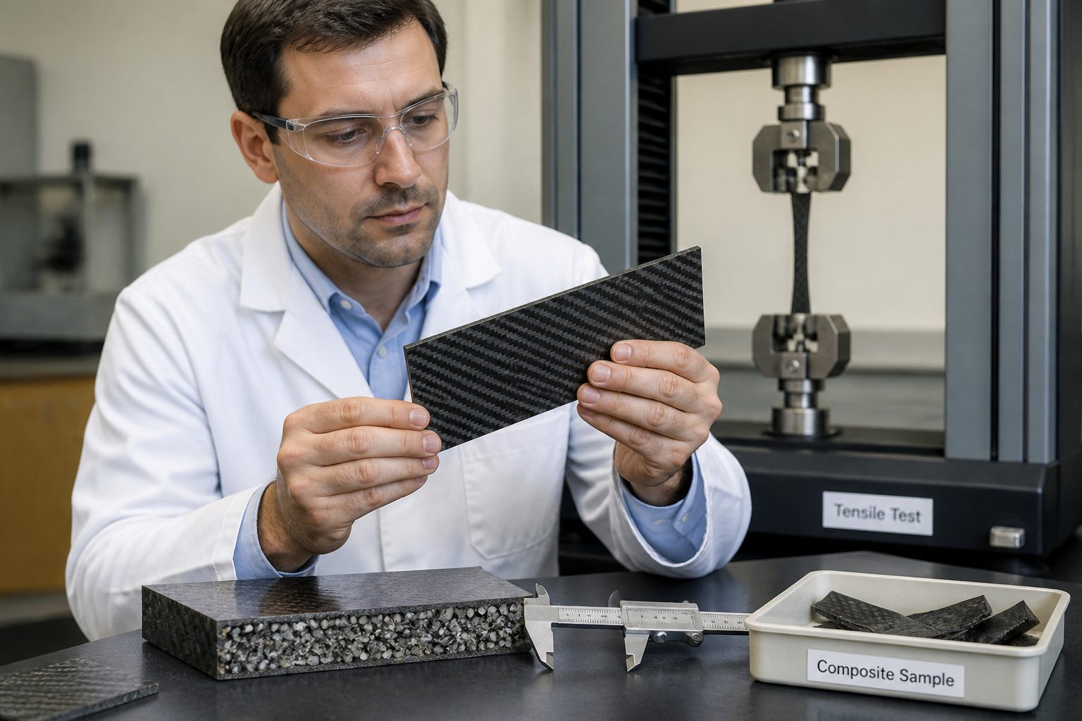 A lab engineer in a coat and safety glasses examines a carbon fiber reinforced composite sample while a tensile testing machine tests another specimen in the background.
