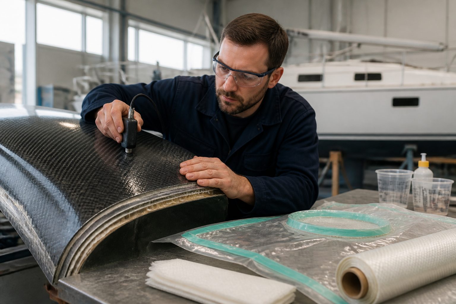 A male marine engineer inspects a fiber reinforced composite sailboat hull panel in a workshop.