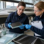 An engineer and a woman in a marine workshop examine a carbon and fiberglass composite panel beside a sailboat hull section.