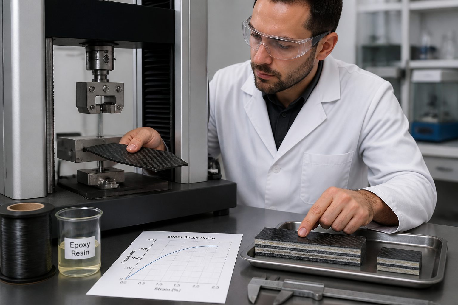 A lab engineer in a coat and safety glasses places a carbon fiber reinforced composite sample into a materials testing machine on a workbench.