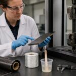 An engineer in a lab holds a fiber reinforced composite sample and points to its layered structure beside a mechanical testing machine.