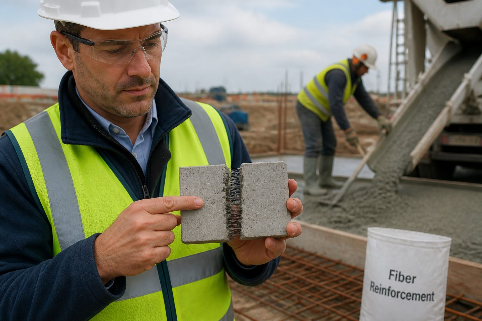 A civil engineer in safety gear holds a cracked concrete sample showing reinforcing fibers at a construction site.