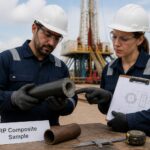 Two engineers at an oil drilling site examine a fiber reinforced polymer composite pipe sample on a workbench.