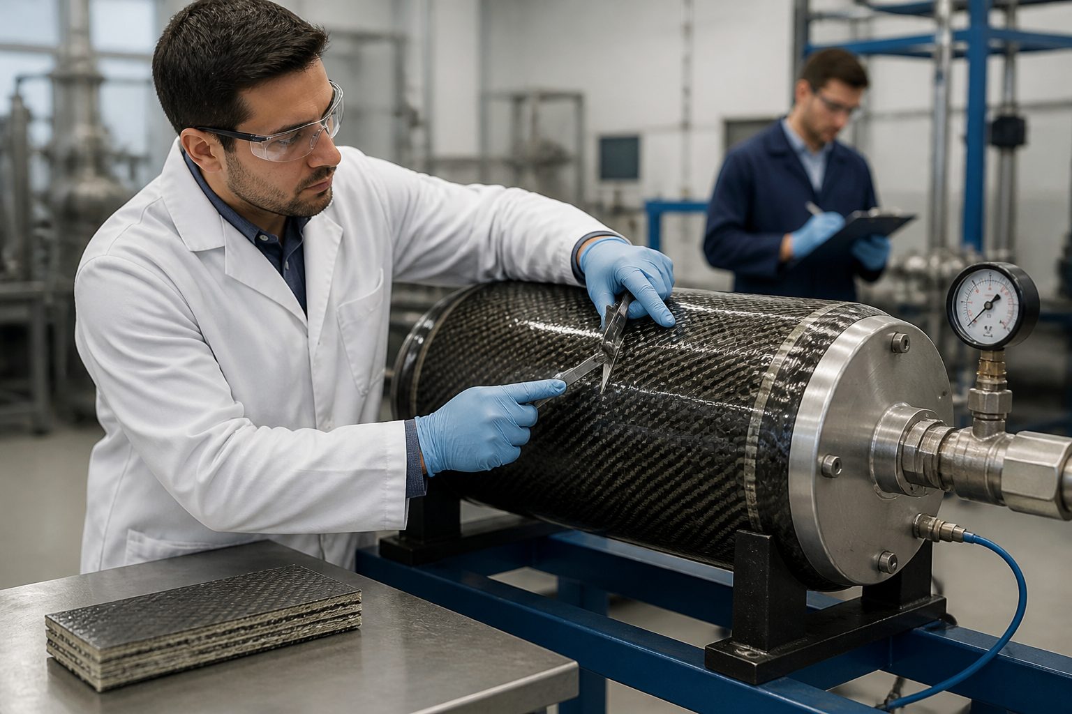 A male engineer inspects a fiber reinforced polymer pressure vessel on a test rig in an industrial lab.