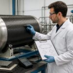 An engineer in a lab inspects a fiber reinforced polymer wrapped pressure vessel section on a test stand.