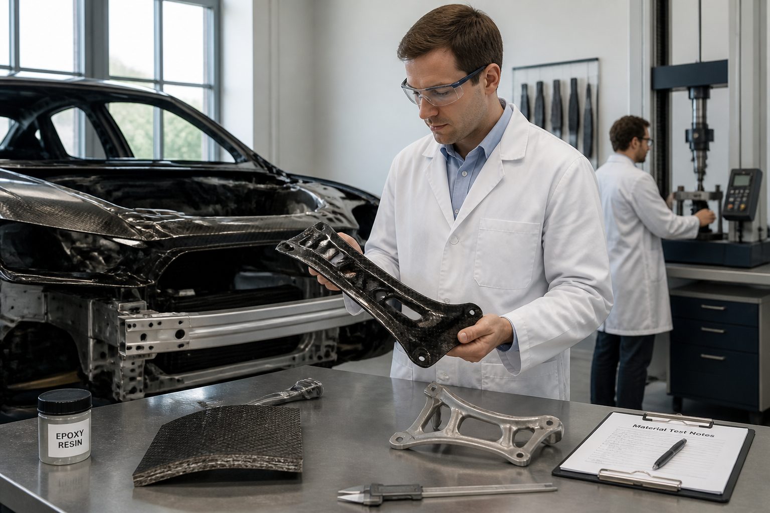 An engineer in a lab holds a carbon fiber reinforced polymer car part beside a vehicle chassis on a workbench.
