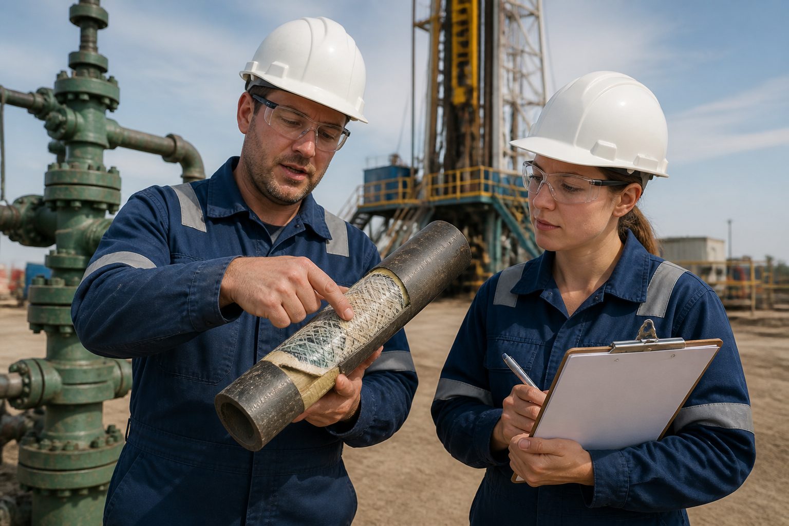 Two engineers at an oil drilling site examine a fiber reinforced polymer composite pipe sample near drilling equipment.