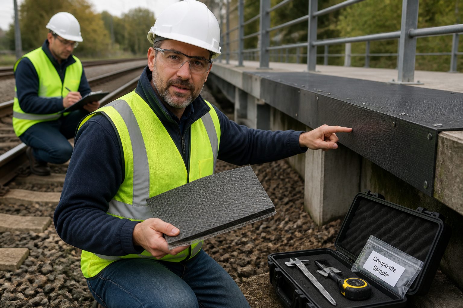 An engineer in a safety vest inspects a fiber reinforced polymer composite panel installed beside railway tracks while holding a composite sample.