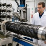 An engineer watches a filament winding machine wrap carbon fiber around a rotating cylindrical mandrel to form a composite tube.
