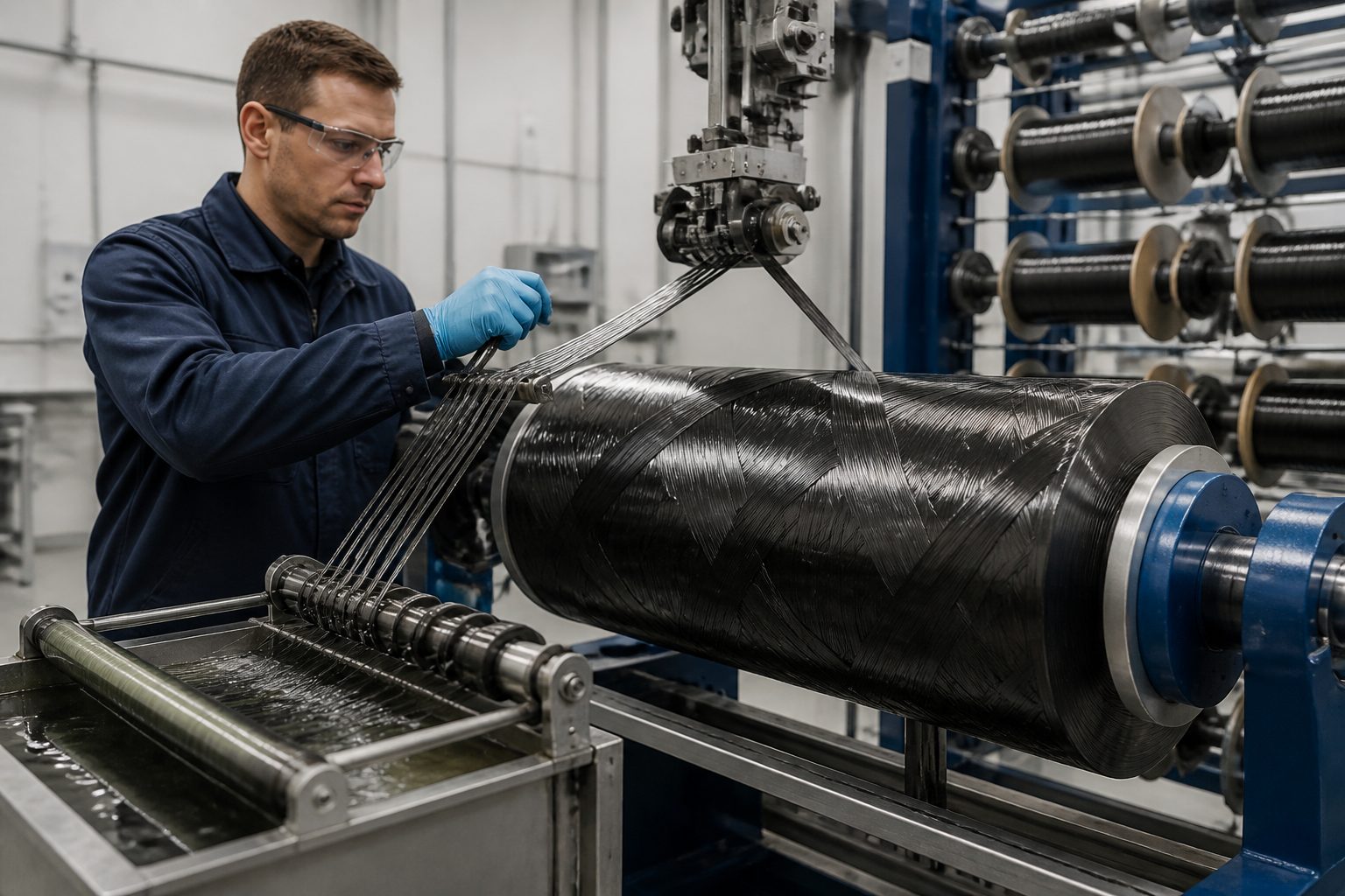 An engineer guides carbon fiber strands onto a rotating mandrel on a filament winding machine to form a composite cylinder.