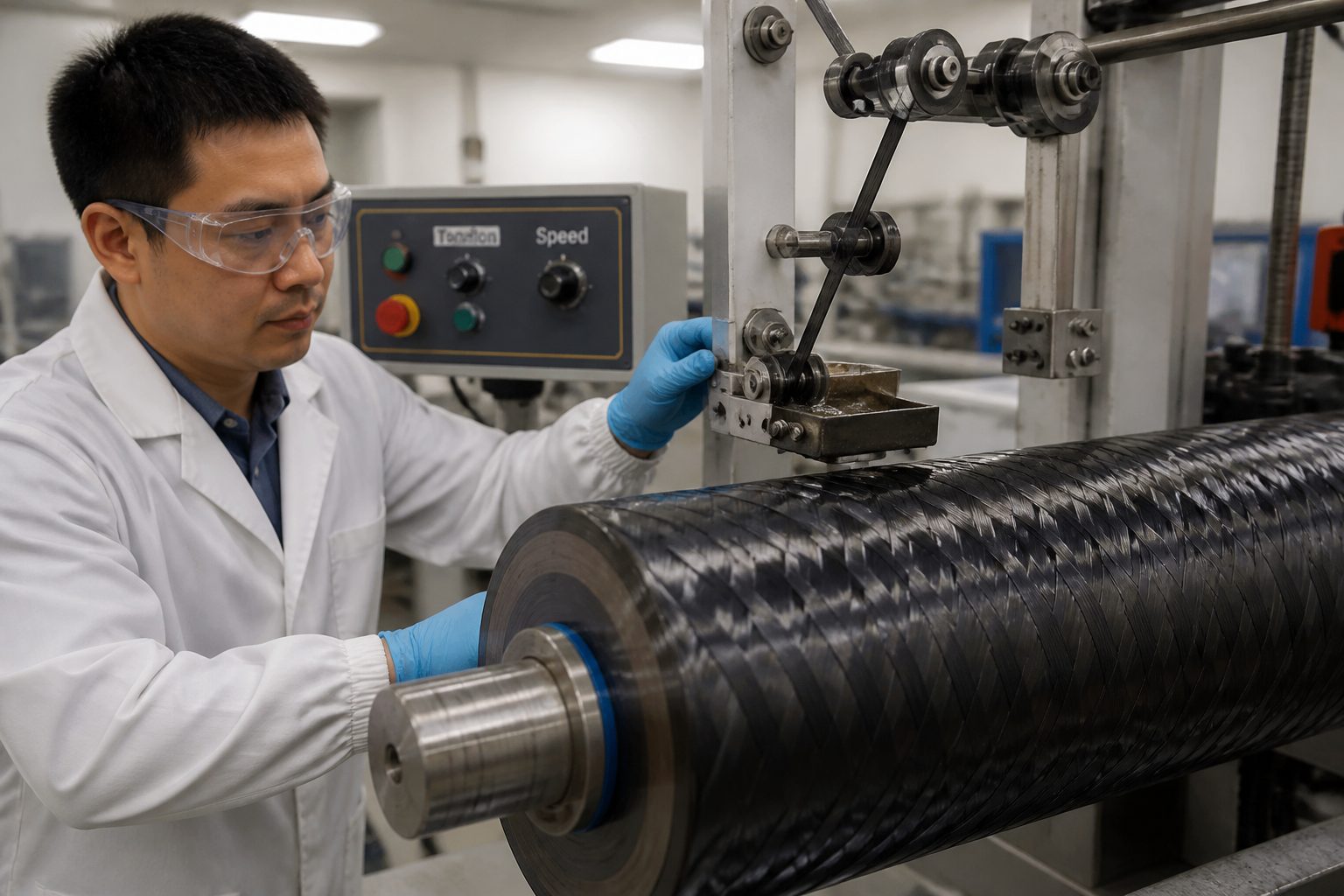 An engineer watches carbon fiber being wound around a rotating cylindrical mandrel on a filament winding machine in a composites lab.