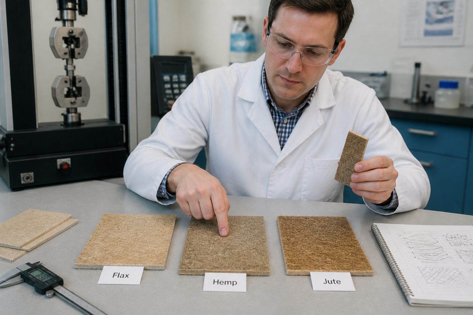 A materials engineer in a lab compares flax, hemp, and jute fiber composite samples on a workbench.