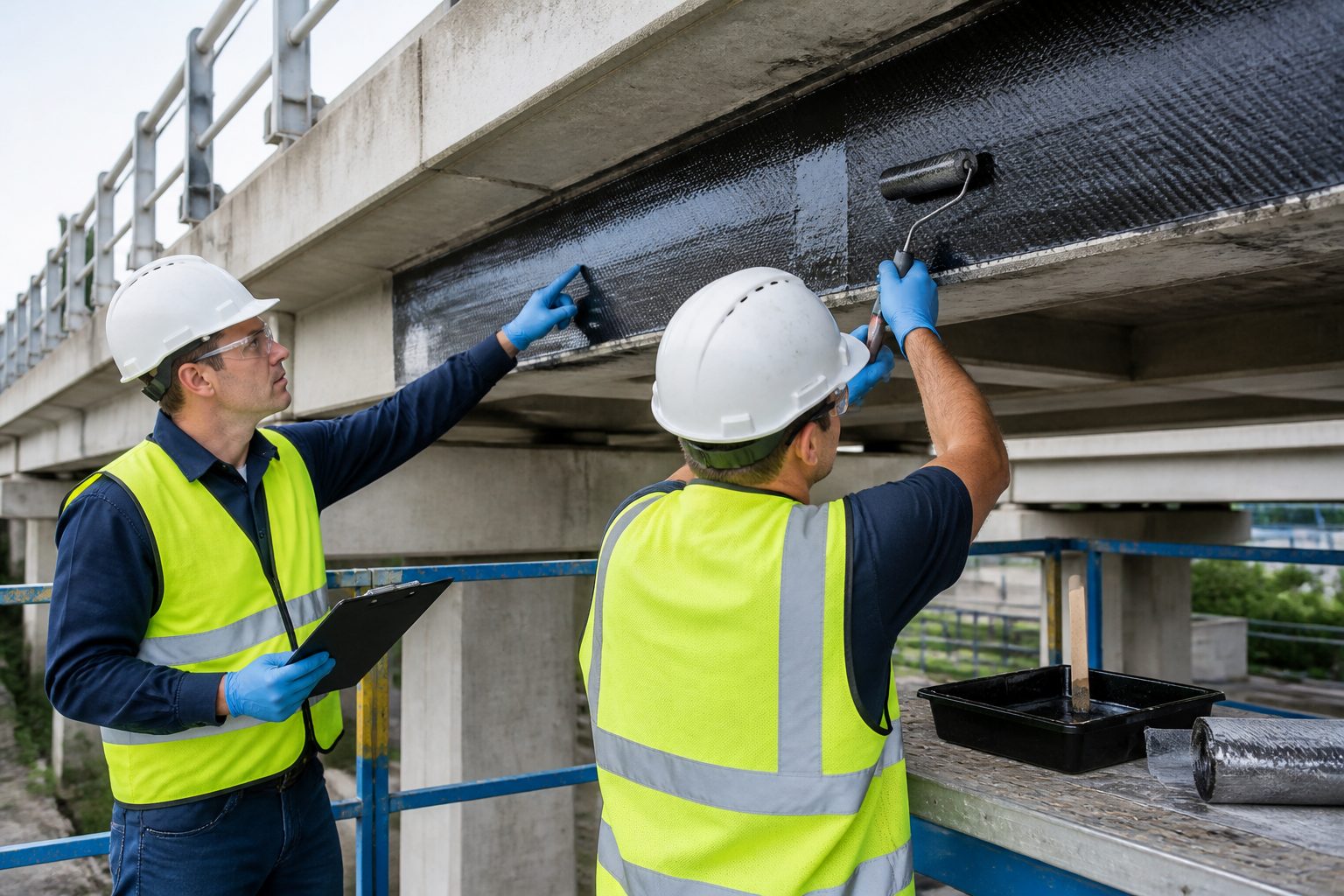 An engineer and a construction worker apply a carbon fiber FRP wrap to strengthen a concrete bridge beam during repair work.